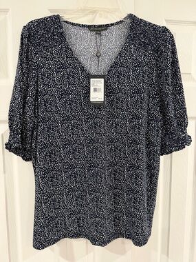 Adrianna Papell Navy and White Dotted V-Neck Blouse